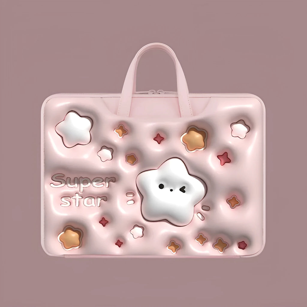 PU leather inflatable laptop bag with cartoon design, shown hanging from a suitcase handle.