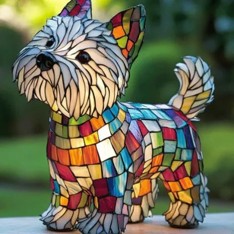 Colourful resin dog lamp decoration in pug shape, button battery powered, on a shelf