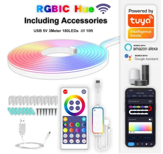 3 metre RGB LED neon strip lights with remote control for indoor lighting installations