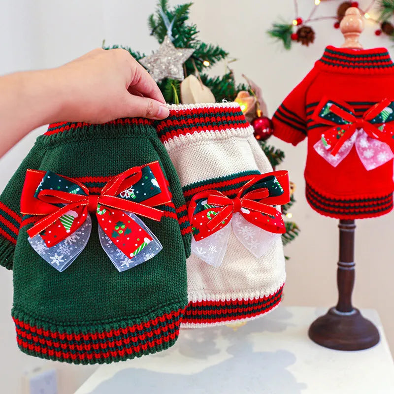 Polyester Christmas dog sweater for small to medium dogs in red, green, or beige colours with weight-based sizing