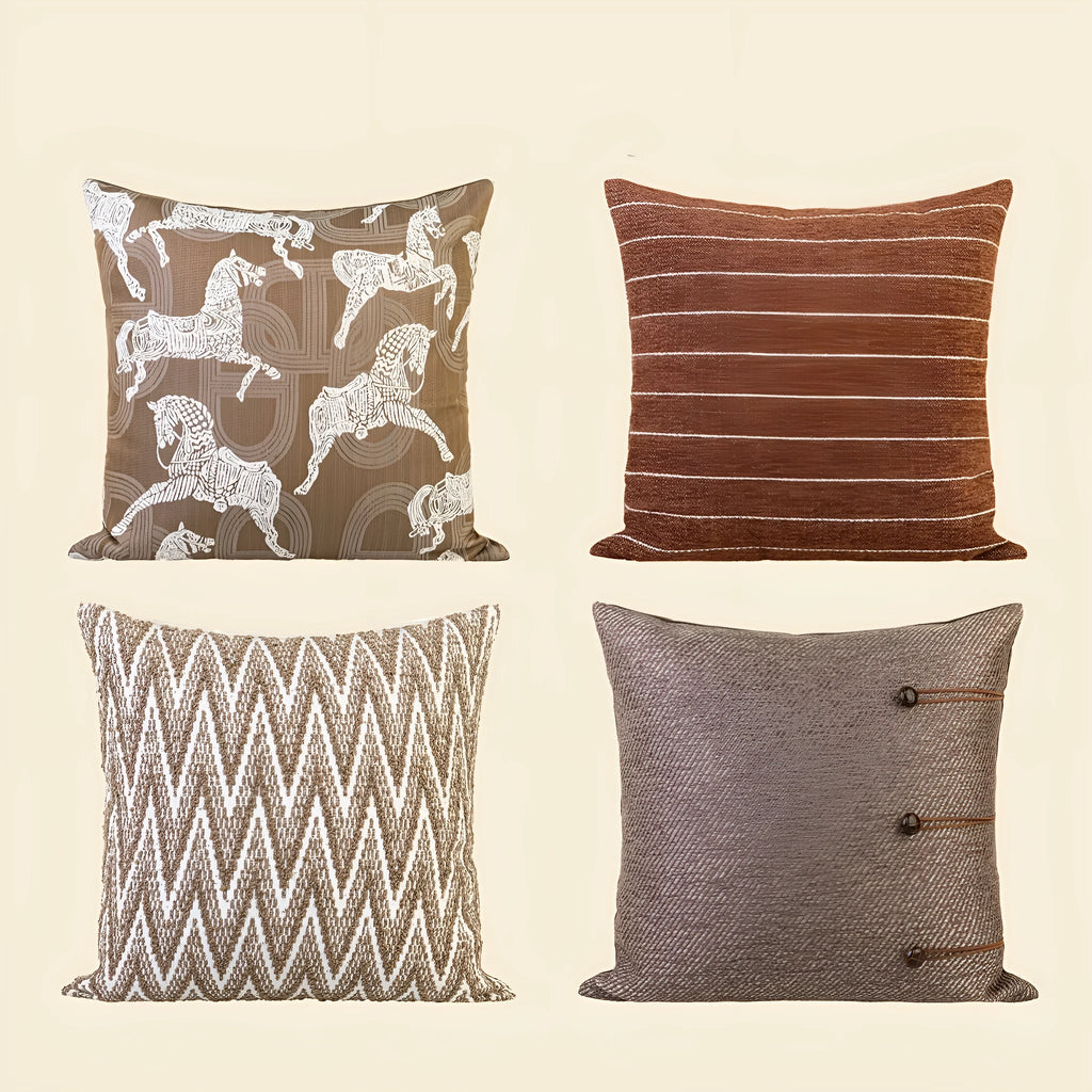 Chinese style square cushion in Maillard colour on a sofa, 45cm size with geometric pattern.
