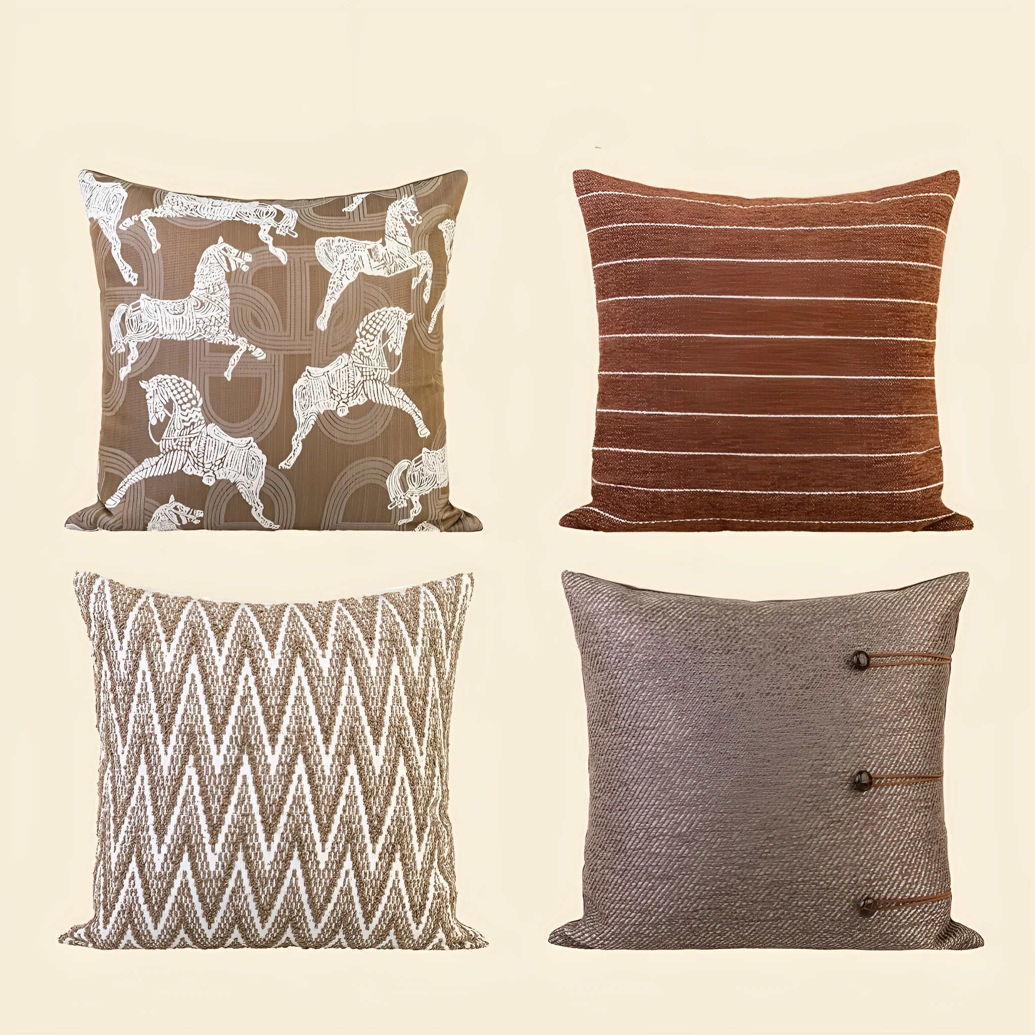 Chinese style square cushion in Maillard colour on a sofa, 45cm size with geometric pattern.