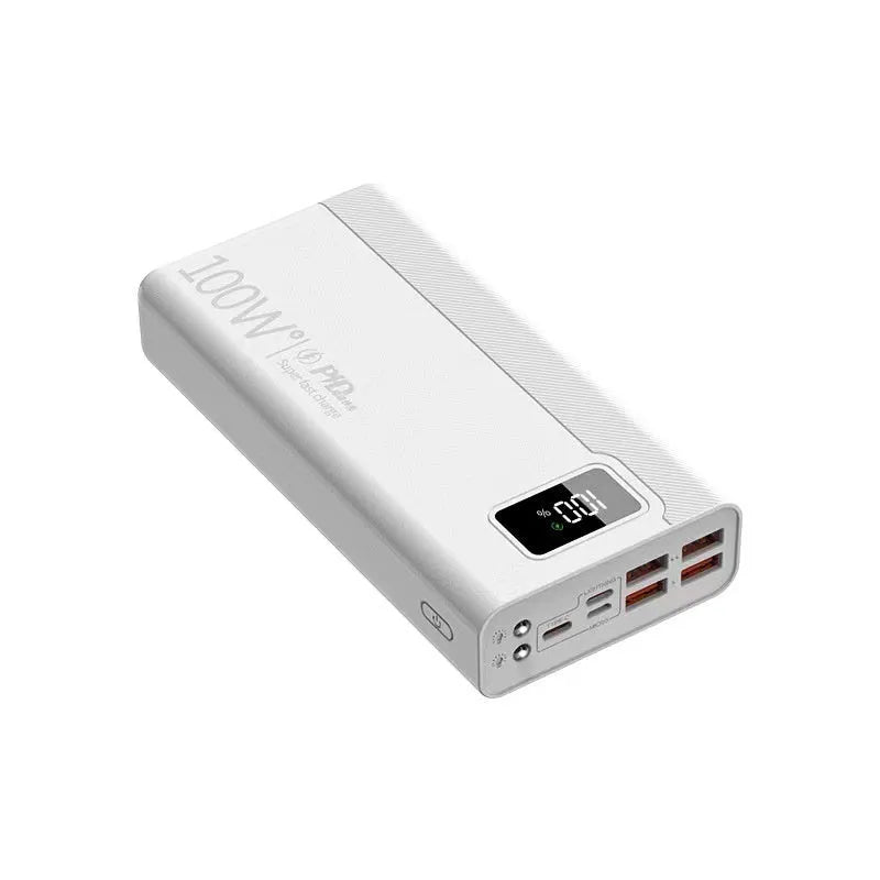 Large capacity power bank in black or white plastic case with fast charging function