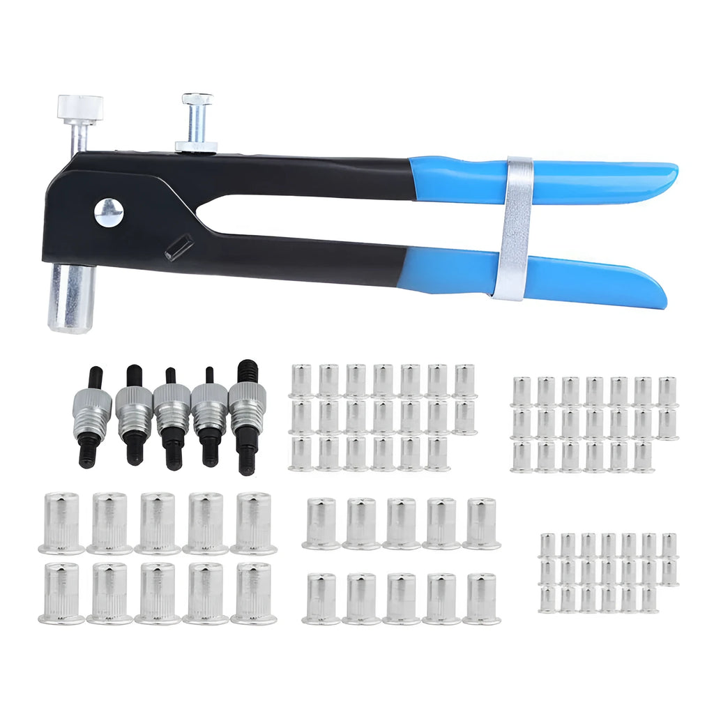 Alloy steel manual riveter tool with interchangeable nosepieces for 86pc or 106pc nut gun set configurations