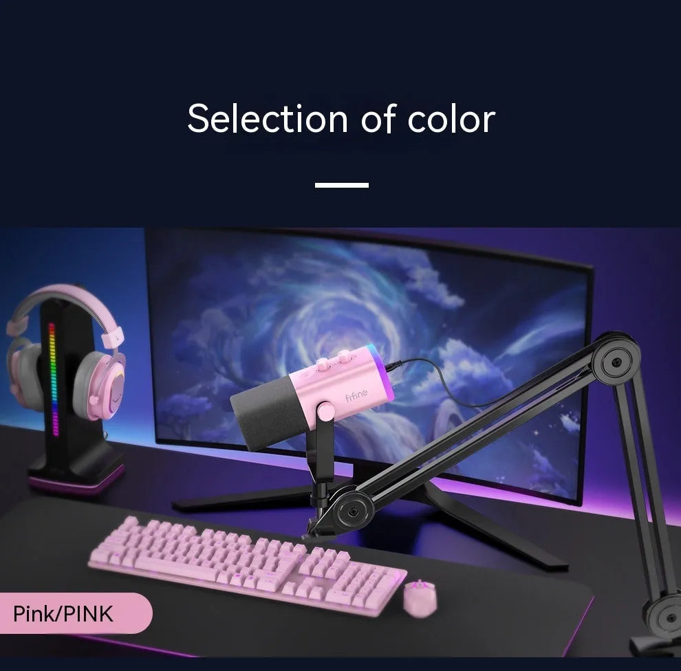 Dynamic noise reduction microphone in black, pink, or white colour with XLR cable and detachable bracket