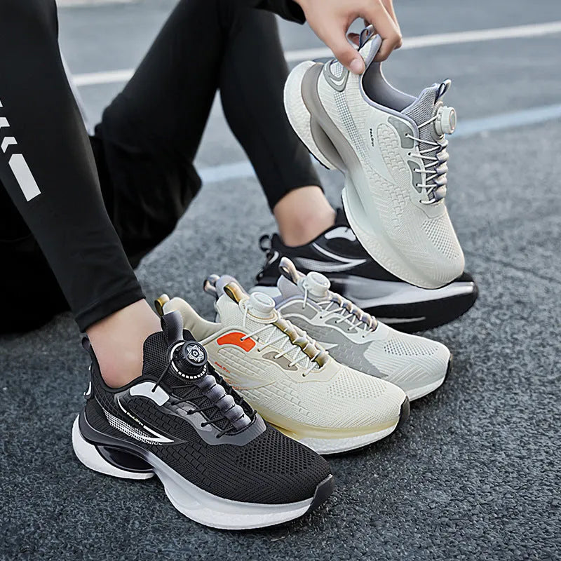 Low-top men's running shoes with buckle closure in solid colours showing Fly-knit mesh upper and TPU soles