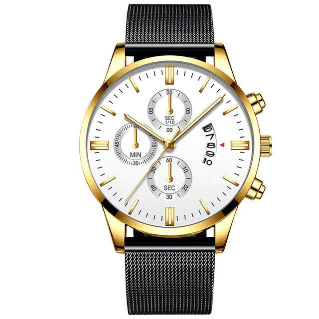 Men's stainless steel quartz watch with mesh band and two-tone case on wrist