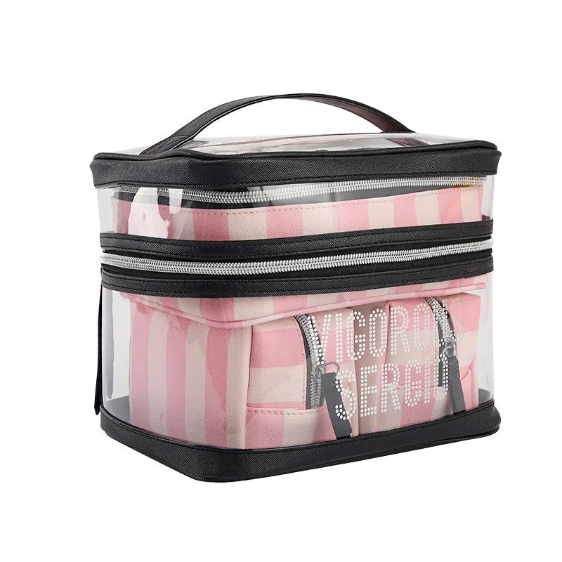 Pink bold stripes makeup bag with floral pattern, synthetic leather waterproof cosmetic organiser with folding design