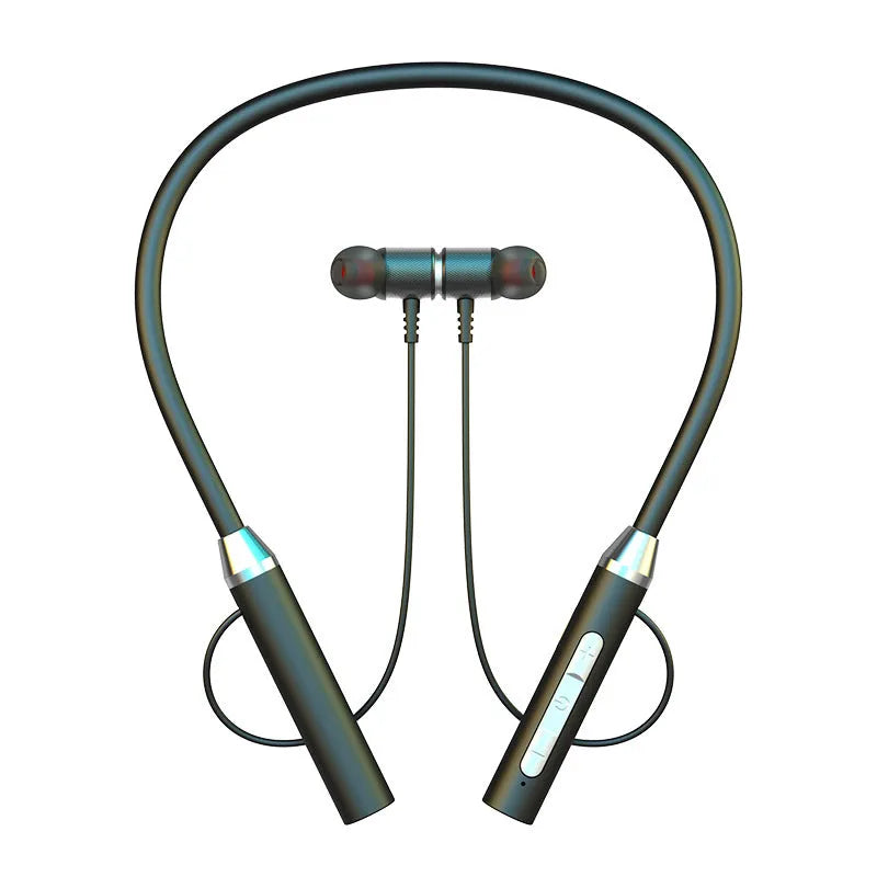 Wireless Bluetooth neck-mounted stereo headset in black with earpieces and neckband