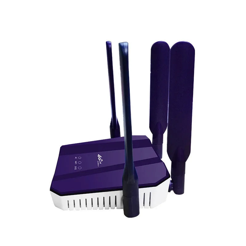 Blue 4G dual-mode router with four external antennas on a desk