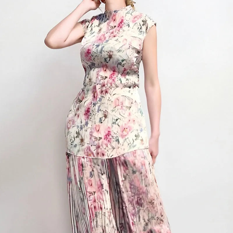 Long sleeve printed chiffon top and matching high-waist skirt set for women.