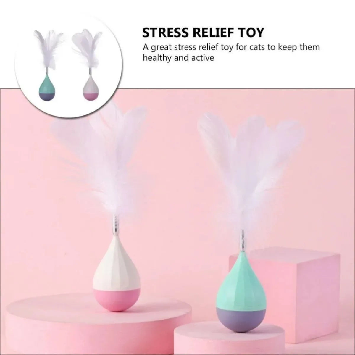 Green and pink feather tumbler cat toy with tease ball on stick