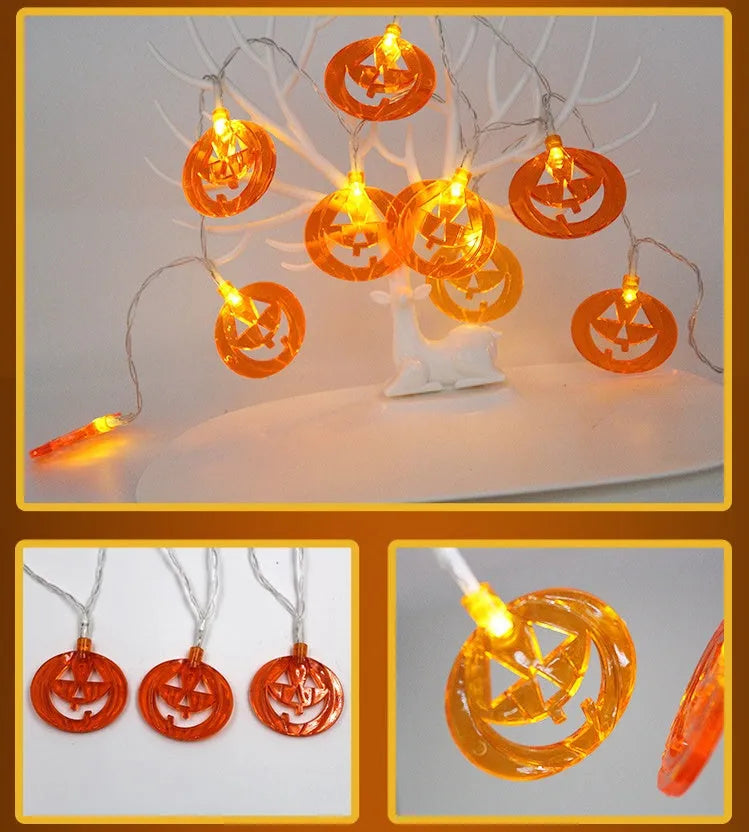 Halloween LED string lights with pumpkin bat ghost spider pendants on 1.2m white cord