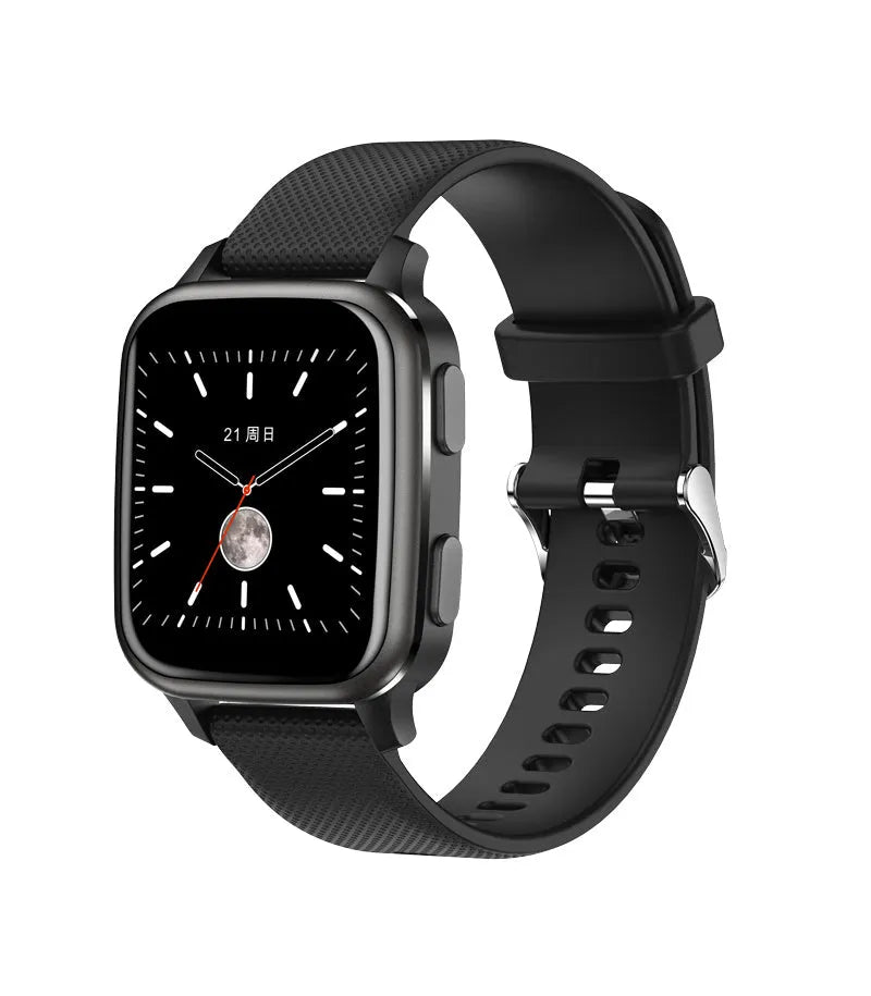 Smart watch with aluminium alloy case showing Bluetooth call, heart rate monitoring, and fitness tracking features