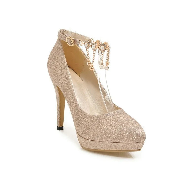 Women's solid colour platform high heel with stiletto heel and pointed toe in blue, pink, gold, or silver.