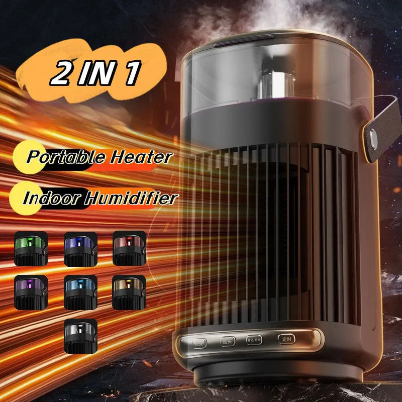 Black portable heater with humidifier, compact design with front control panel
