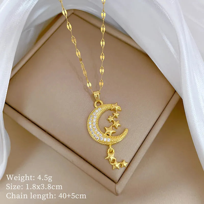 Geometric moon necklace with stainless steel chain and copper pendant centrepiece