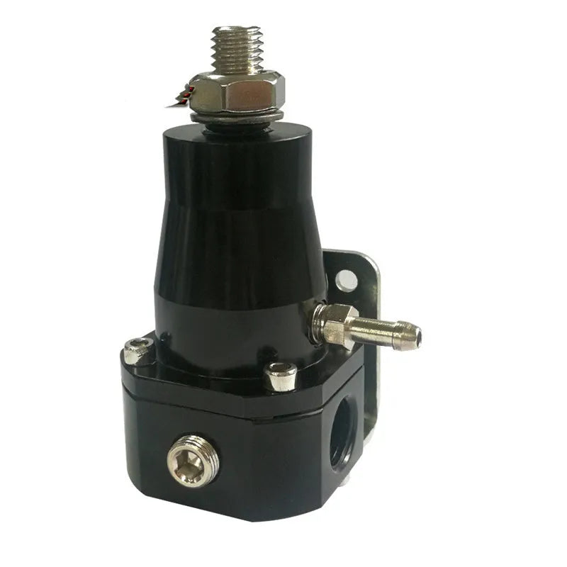Black aluminium alloy automotive fuel pressure regulator with adjustment port and integrated gauge mounting strap.