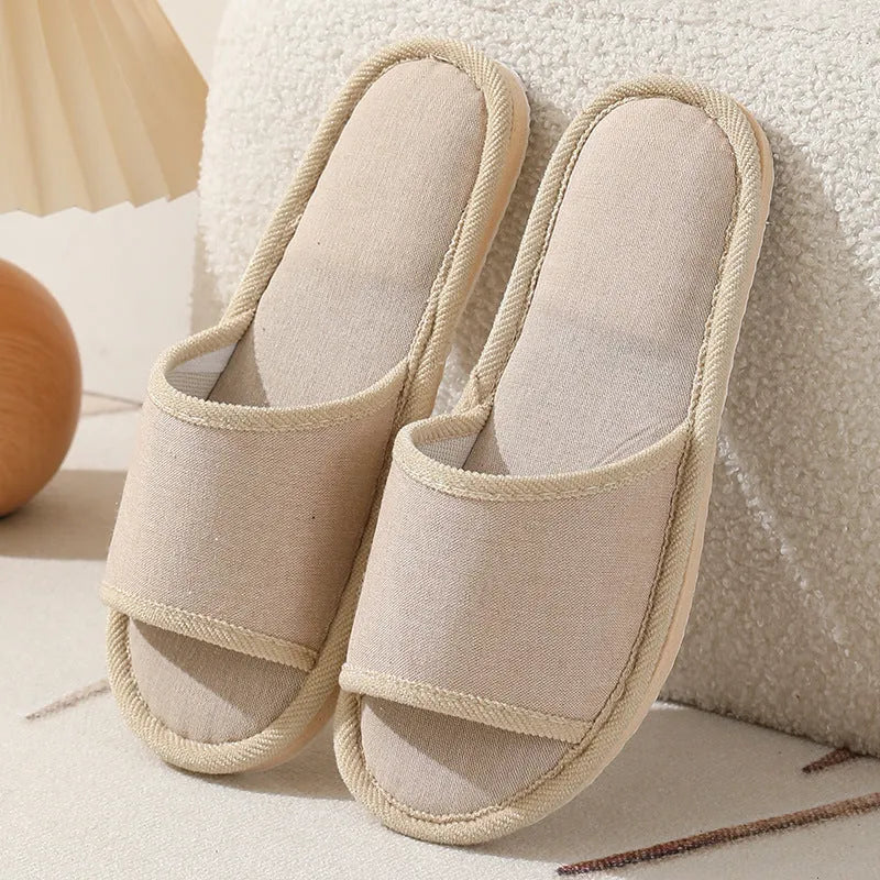 Women's open-toe linen slippers in various colours with thickening sole