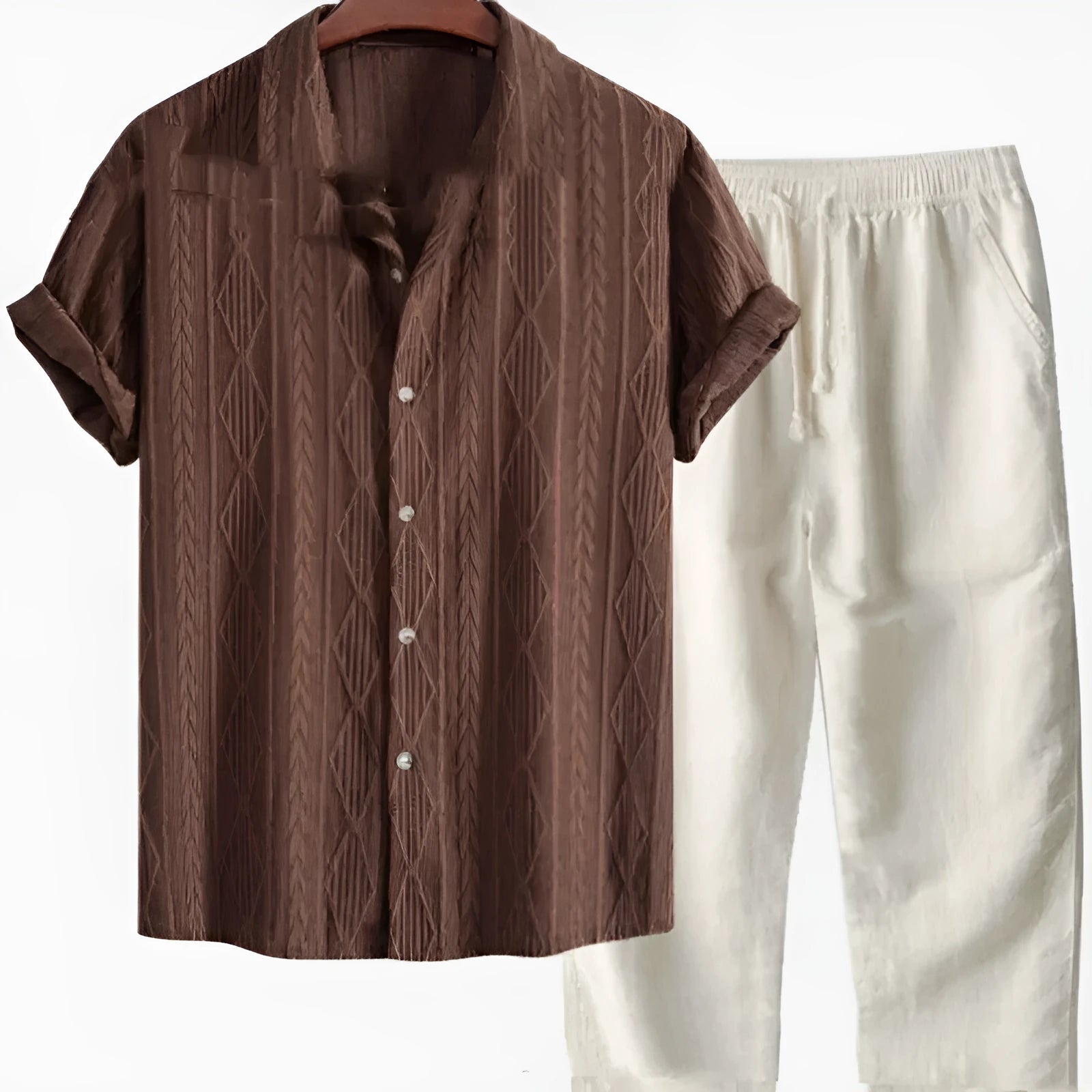 Men's loose short sleeve shirt and trousers suit in milk silk fabric for summer leisure wear