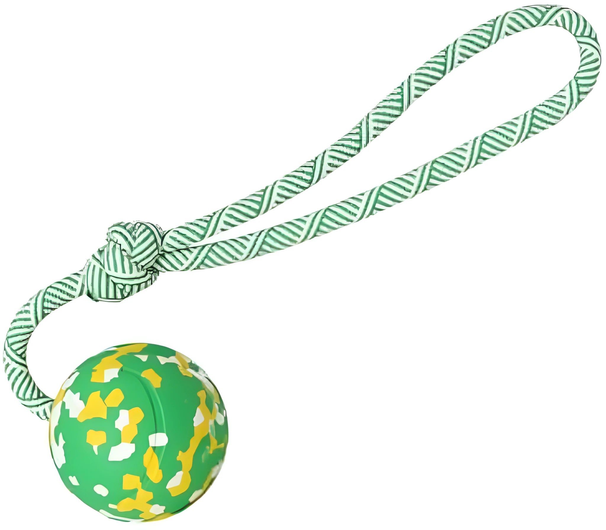 Natural rubber dog ball attached to nylon rope toy in two sizes for medium and small dogs