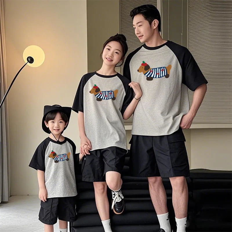 Cotton Western style dog mother-daughter matching outfit with contrast colour short sleeves in Korean design