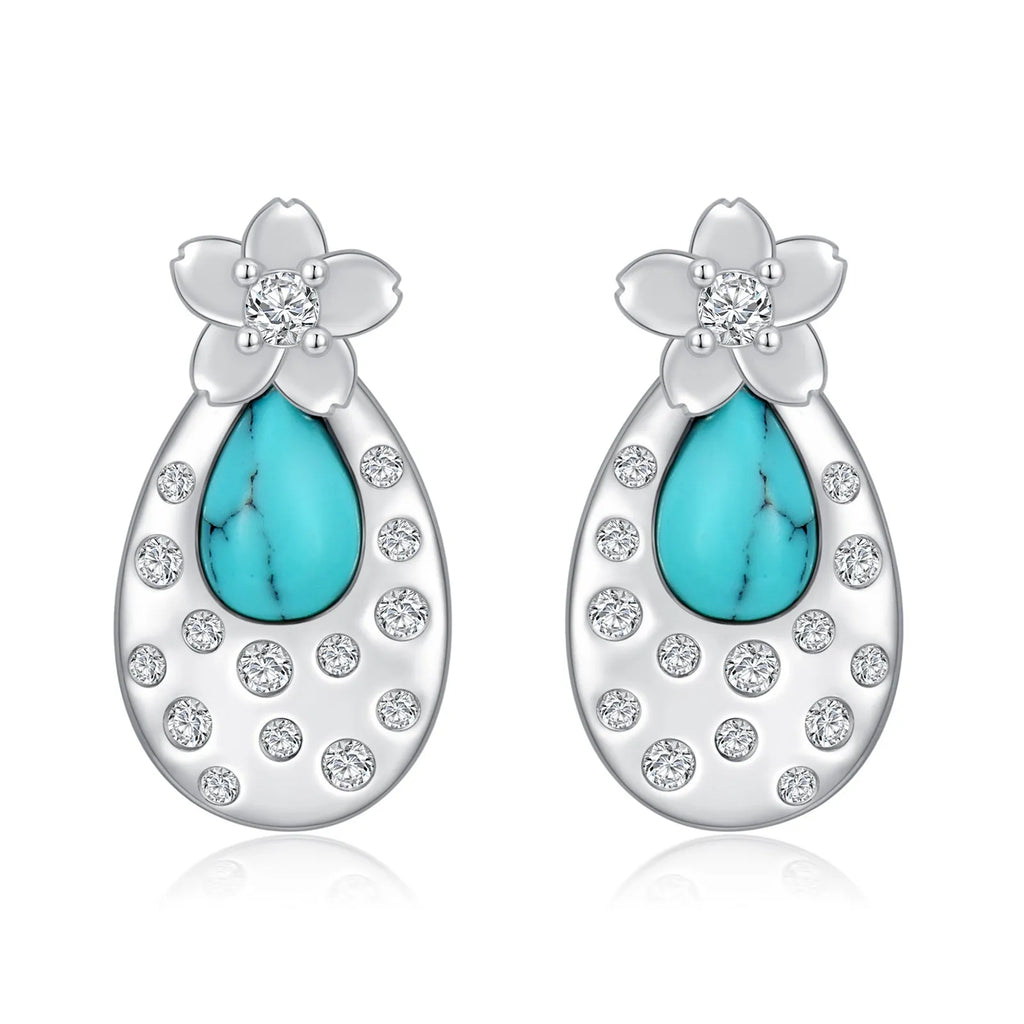 Pair of turquoise cherry blossom 925 sterling silver stud earrings with cubic zirconia, 15.8x8.5mm, white gold plated