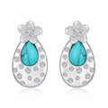 Pair of turquoise cherry blossom 925 sterling silver stud earrings with cubic zirconia, 15.8x8.5mm, white gold plated