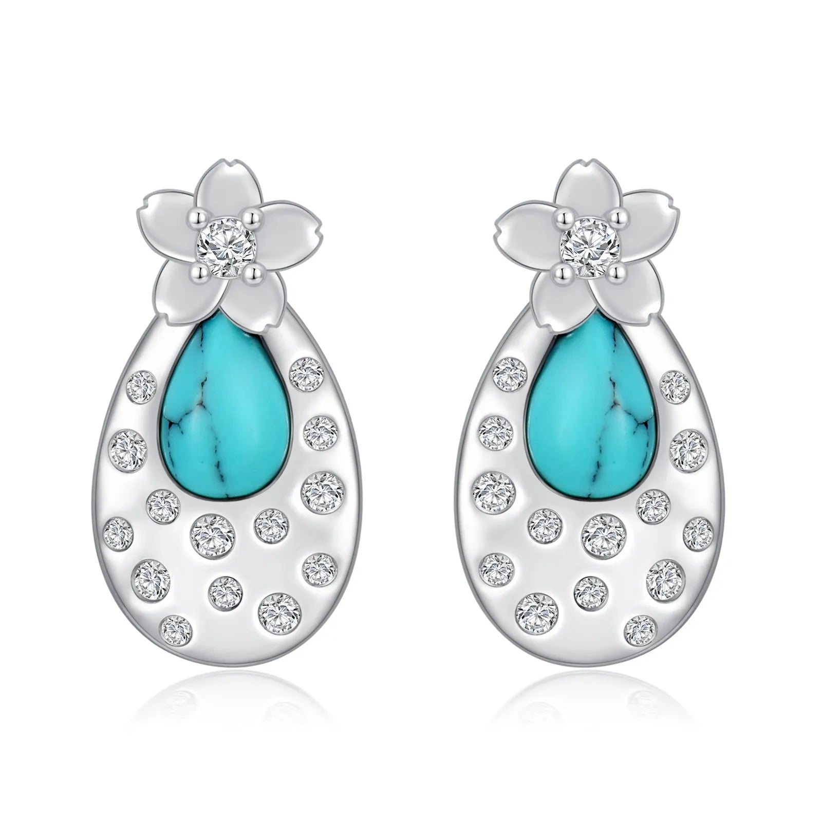 Pair of turquoise cherry blossom 925 sterling silver stud earrings with cubic zirconia, 15.8x8.5mm, white gold plated