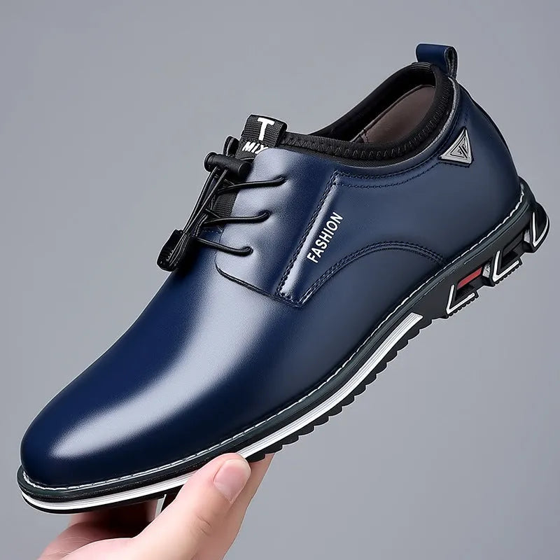 Men's plus size casual leather shoes – round toe wedge heel PU leather with stitching, elastic band closure, black colour