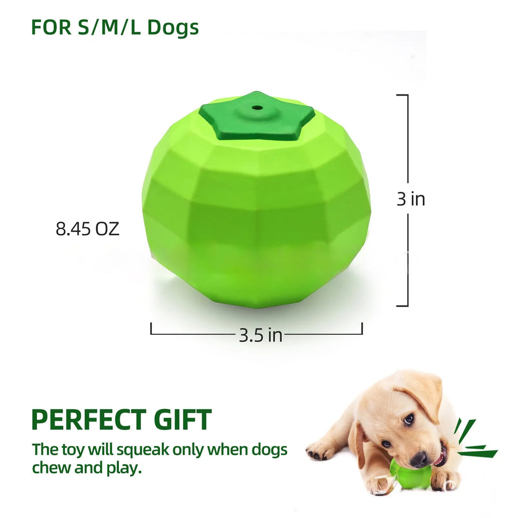 Green natural rubber squeaky dog ball toy for large breed aggressive chewers.