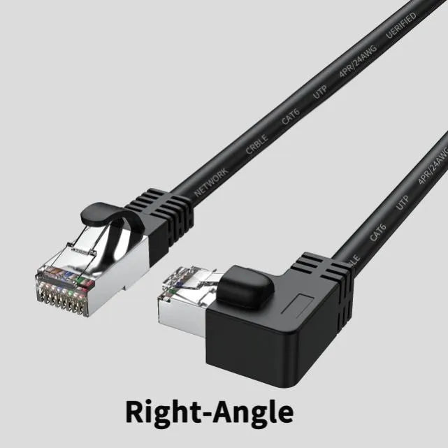 Right-angle Cat6 Ethernet cable with metal RJ45 connectors in various colours and lengths