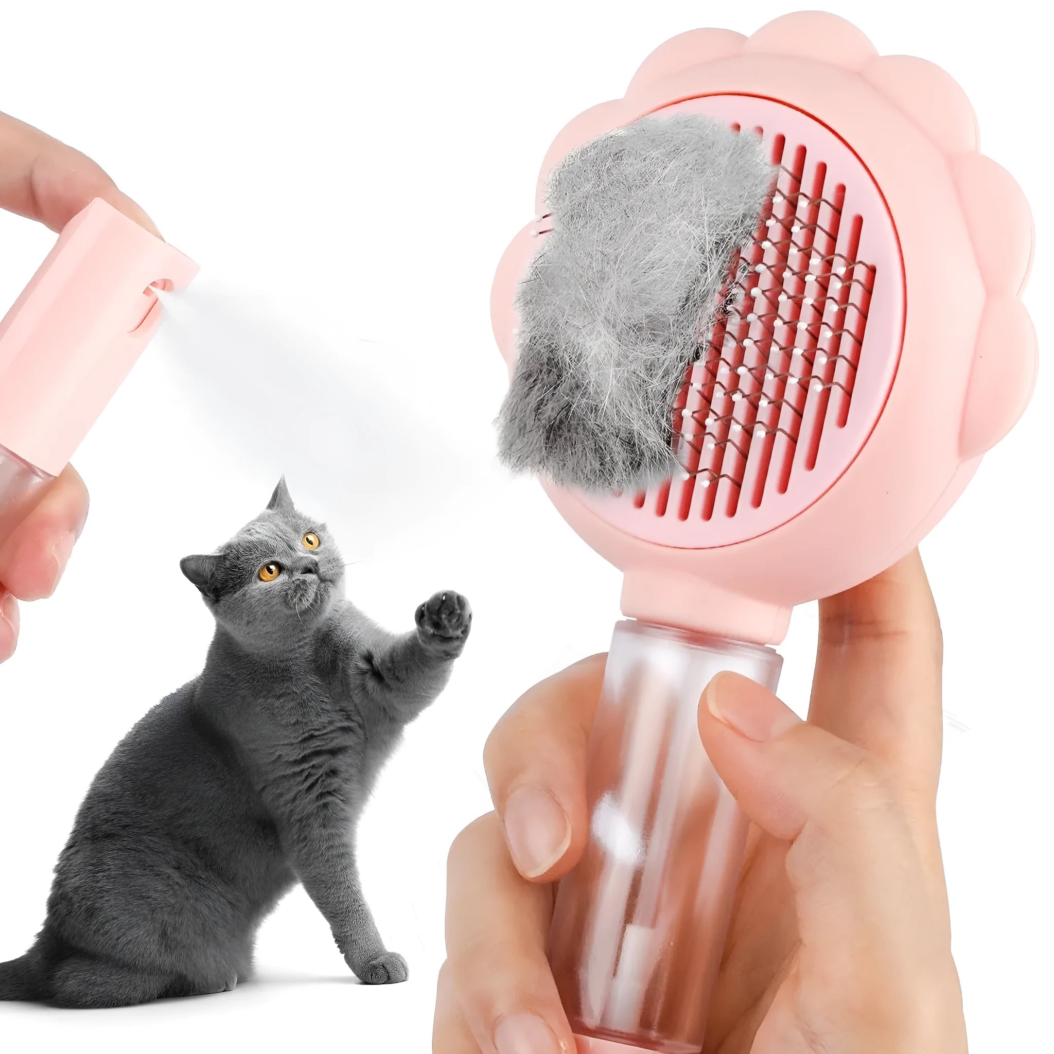 Grey spray cat brush with self-cleaning button and stainless steel bristles on a white background.