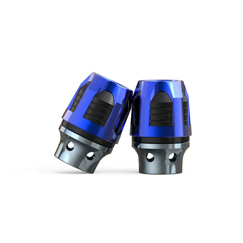 A pair of aluminium alloy fork cups for motorcycle or electric car front axle, shown in an anodised colour.