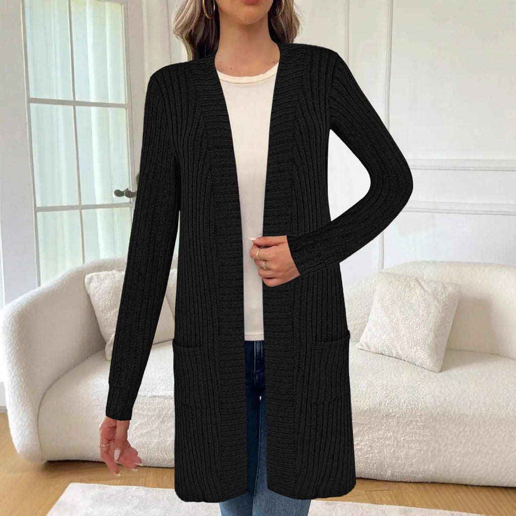 Long sleeve loose pocket cardigan jacket in polyester, shown in black, wine red, or grey.