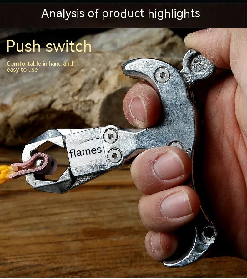 Zinc alloy archery release aid with a two-axis harpoon clip mechanism and stainless steel component.