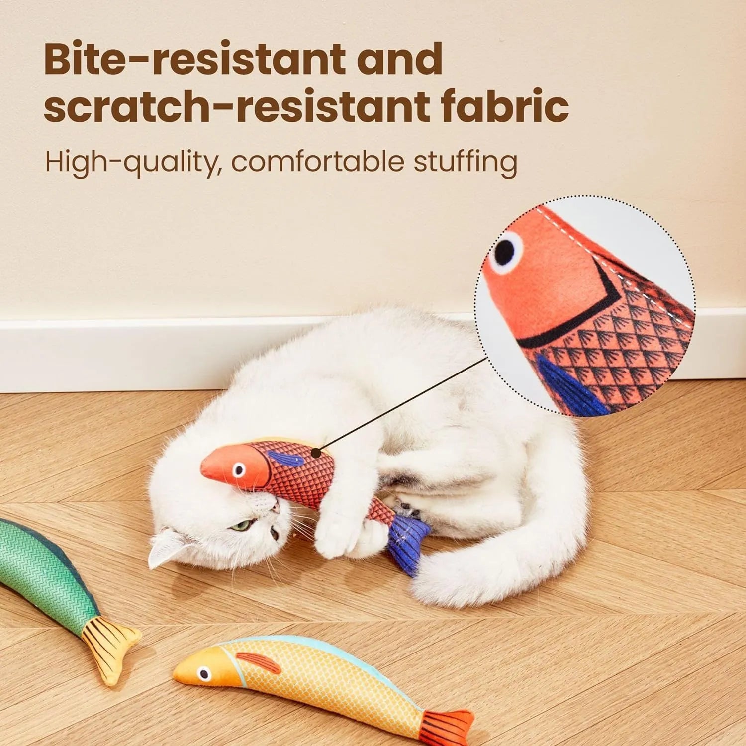 Soft plush catnip fish toy in bright colours with crinkle sounds for interactive cat play