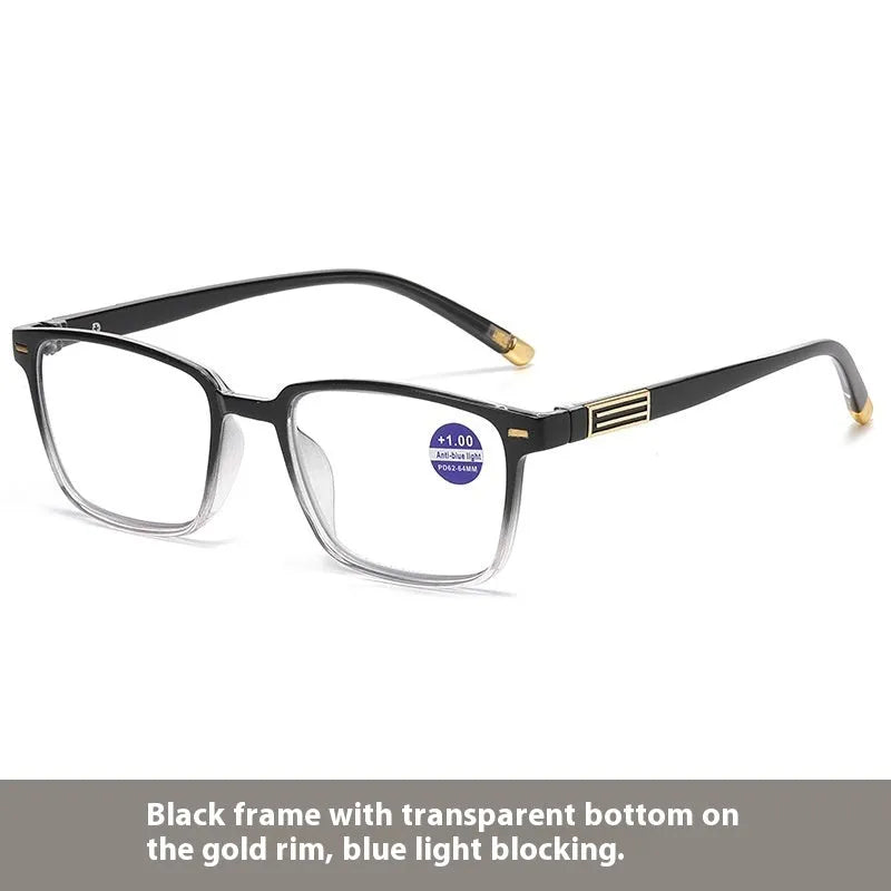 Anti blue light multifocal reading glasses with colour changing lenses in a black and gold frame style.