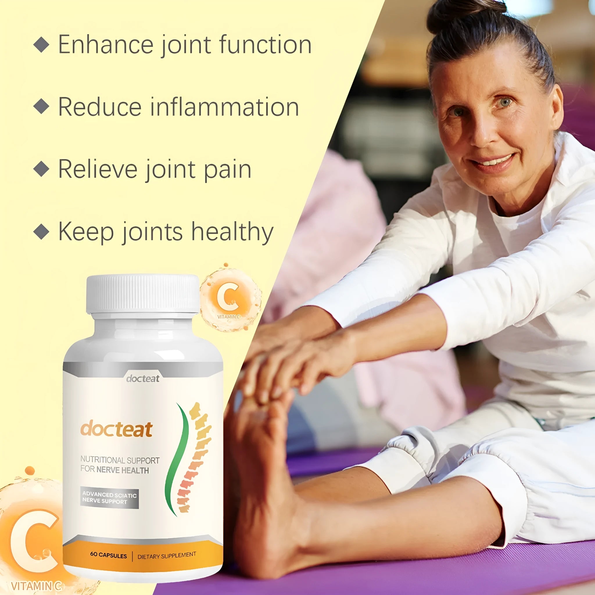 Body care glue wrap bottle containing 60 capsules for joint comfort and massage support