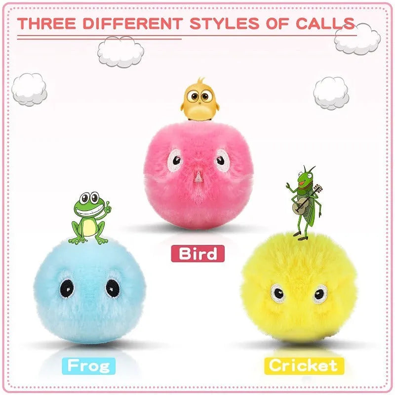Interactive cat toy ball in blue, pink, and yellow colours with 55mm diameter for animal sound stimulation