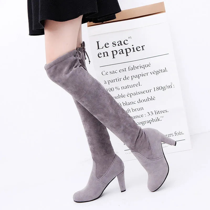 Black knee high boots for women with thick heel and round toe