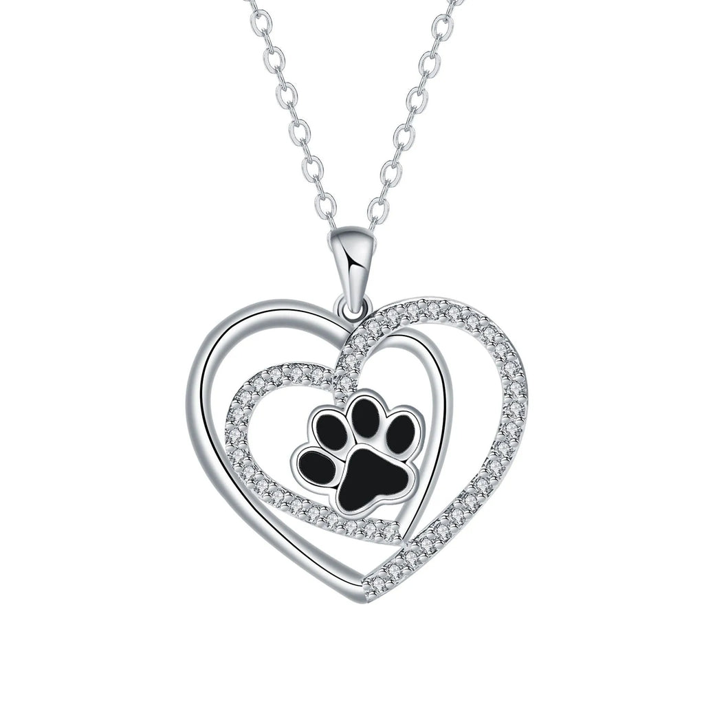 Women's dog paw print necklace with heart pendant, copper construction with electroplated finish