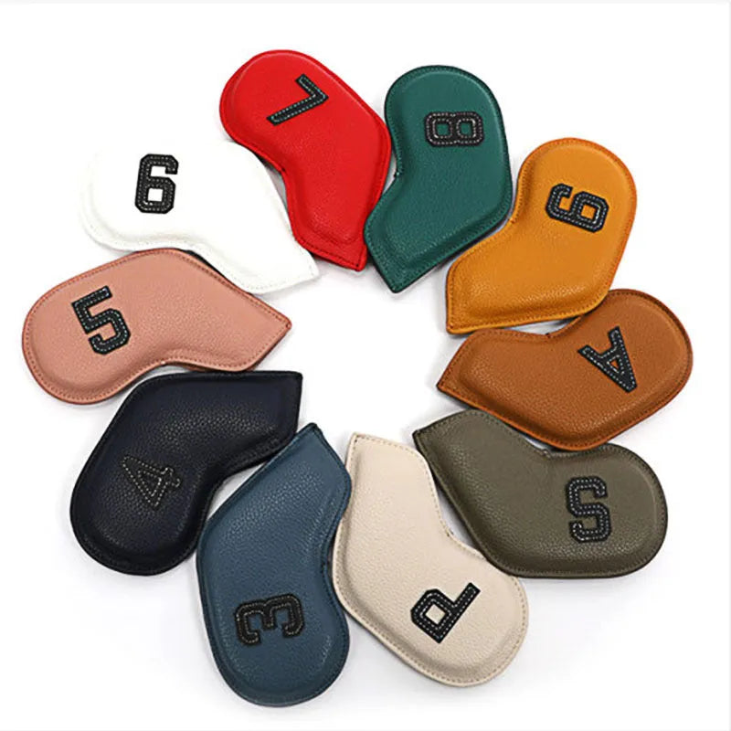 Set of 10 minimal print golf club head caps in multiple colours made from PU material