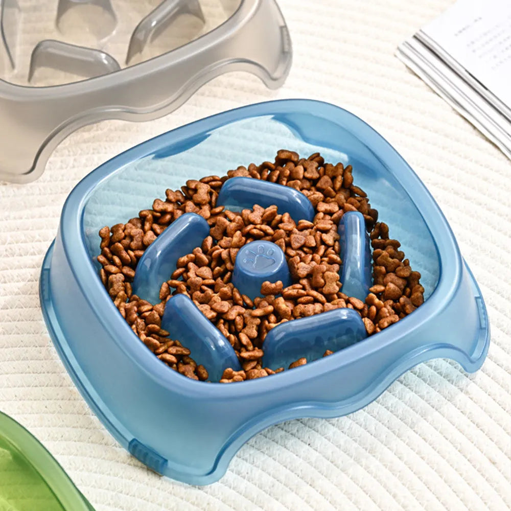 Blue plastic dog slow feeder bowl with anti-choking ridge design for puppies and dogs.