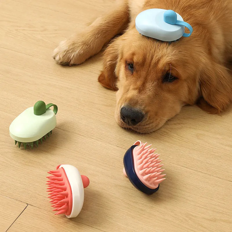 Soft silicone dog bath brush in handheld design with flexible bristles for hair removal and shampoo massage
