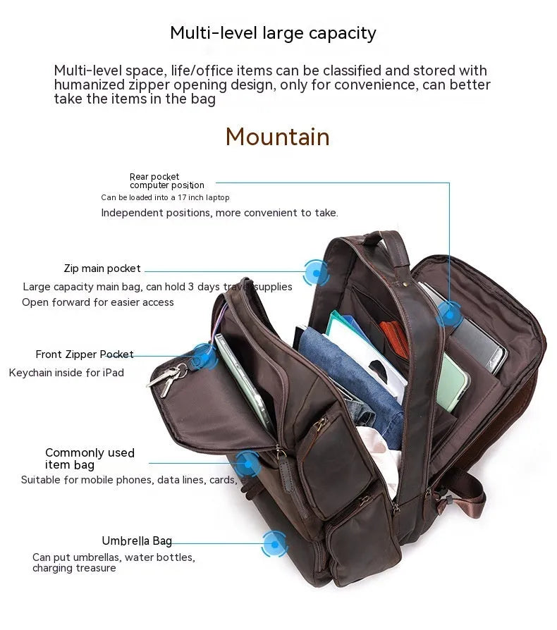 Dark brown leather men's backpack for 17-inch laptops with multiple compartments