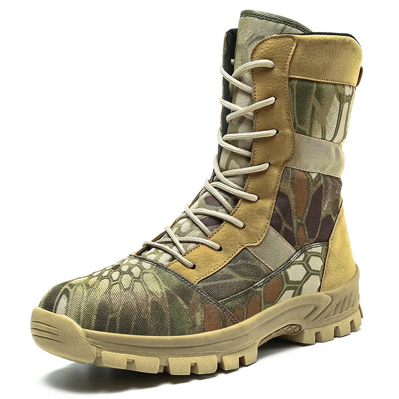 Plus size men's high-top Martin boots in black and camouflage with mesh upper and totem detailing