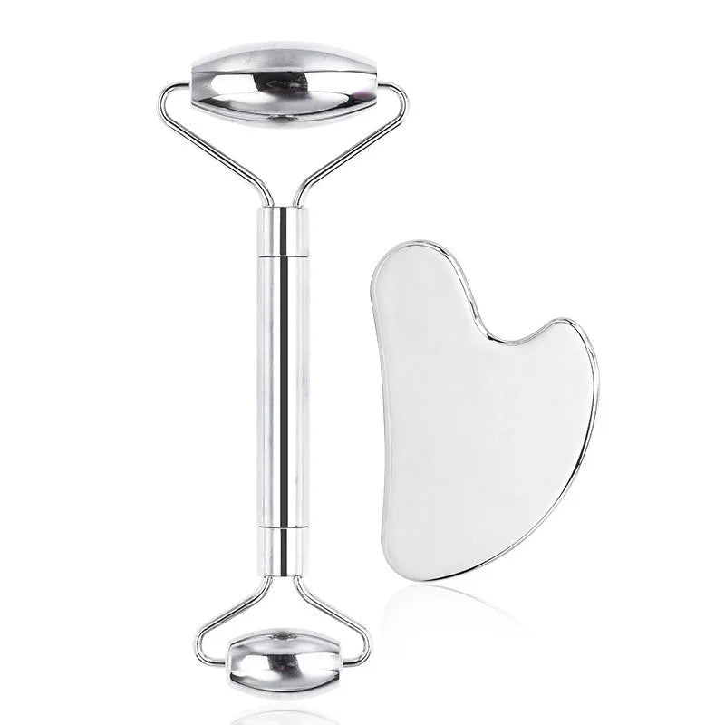 Stainless steel facial massage board with double head roller and heart-shaped eye poking stick for acupressure therapy