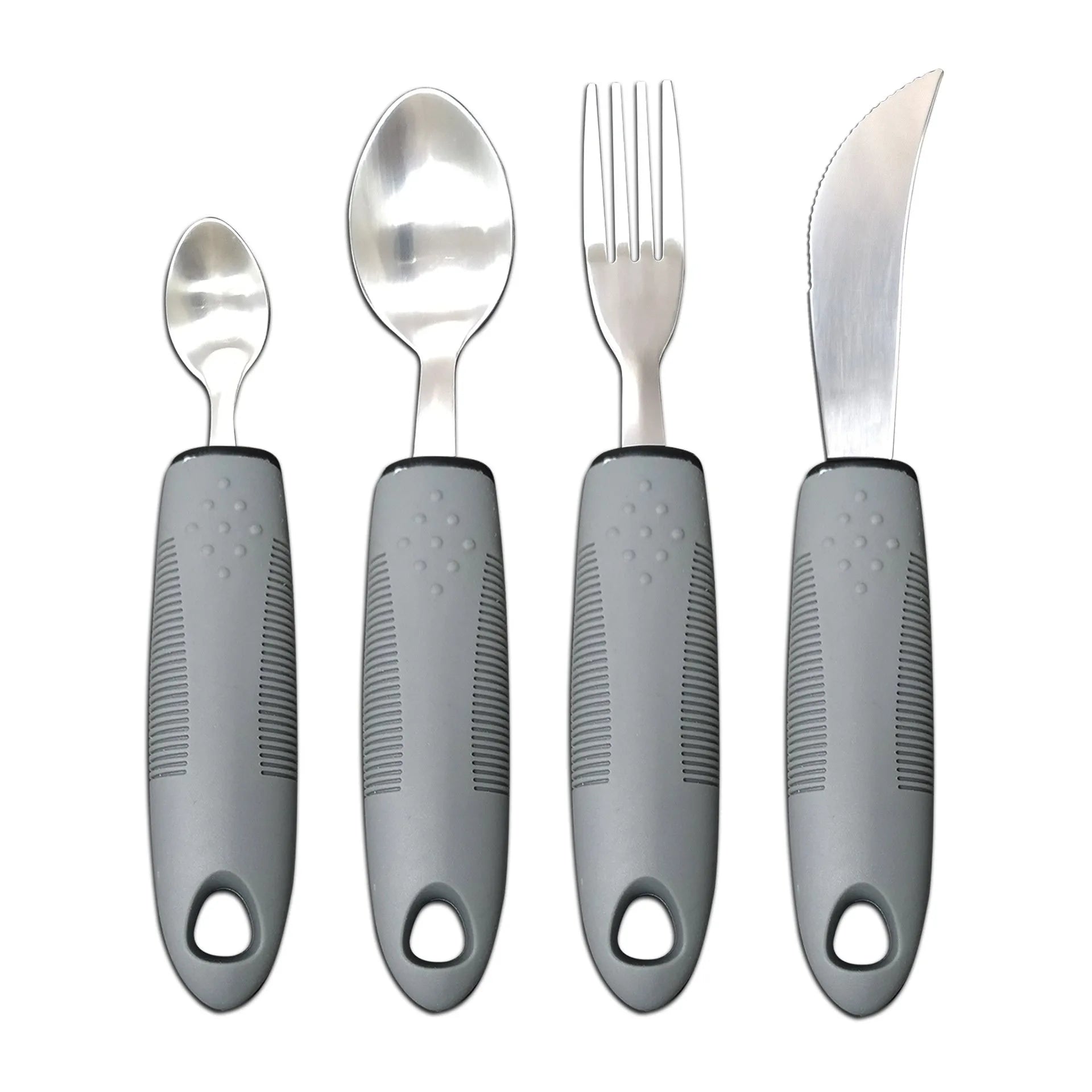Stainless steel adaptive tableware with rubber handles in black and grey curved and straight designs
