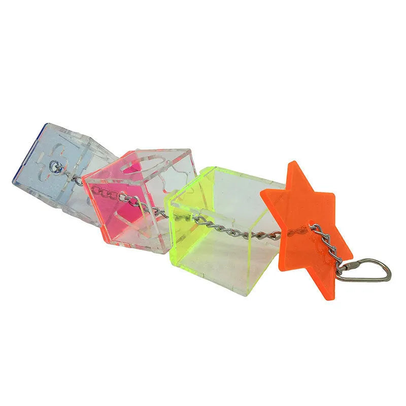 Transparent acrylic parrot foraging toy measuring 32cm long for bird enrichment with fruits and nuts